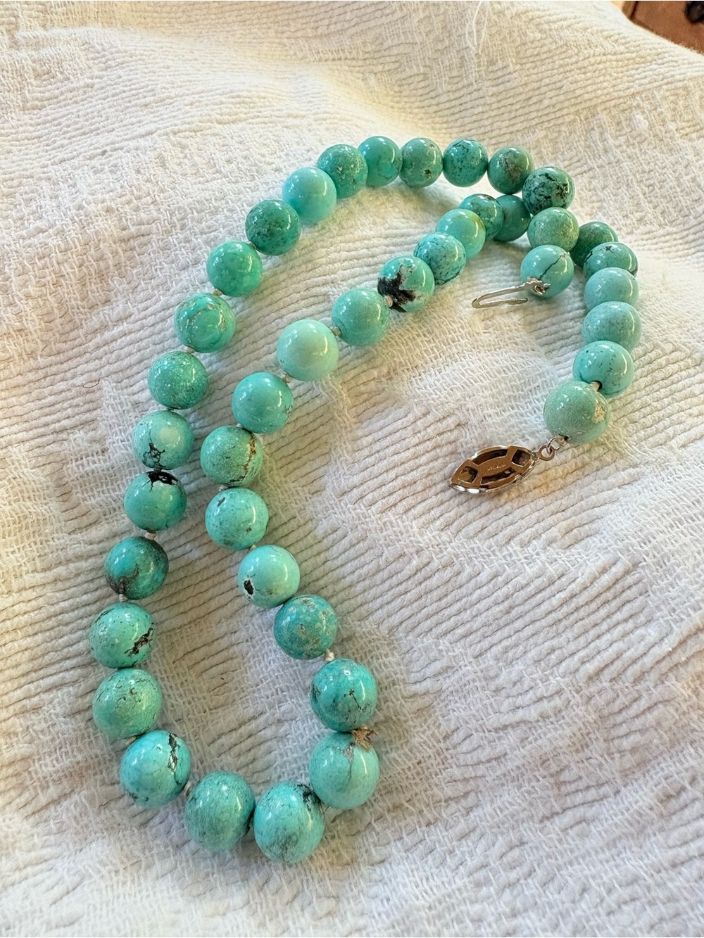 Genuine Kingman Arizona Turquoise  Bead Necklace 10mm 18” Sterling Clasp